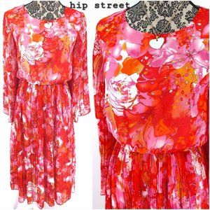 RYAN MICHELLE Dress Angel Sleeve Accordion Pleat Floral Chiffon Midi L